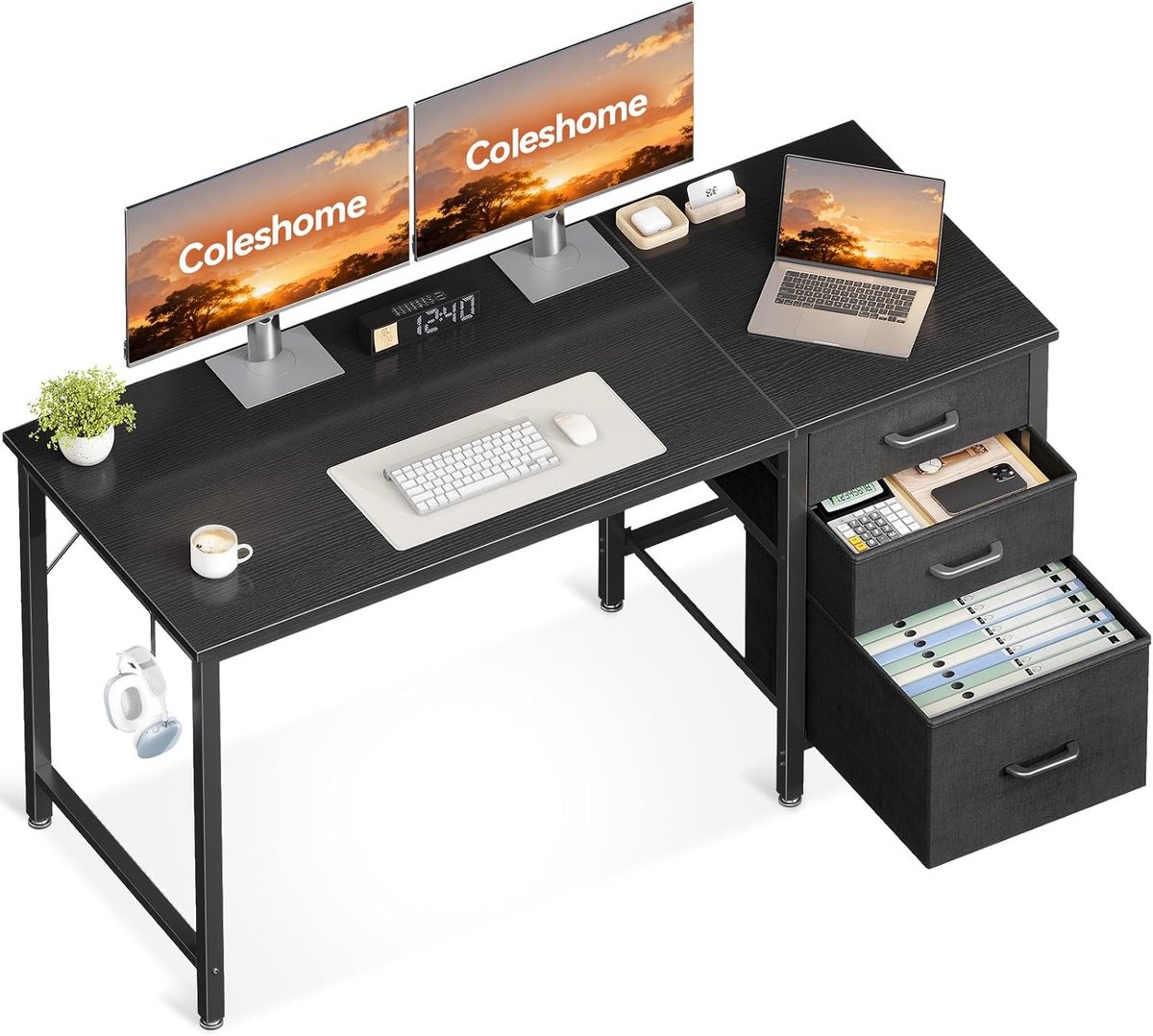 SnelShoppen - Coleshome Bureau met 3 Lades, Ruimtebesparend Computerbureau 120x48cm met Hoofdtelefoonhouder, Omkeerbaar Bureau voor Klein Thuiskantoor