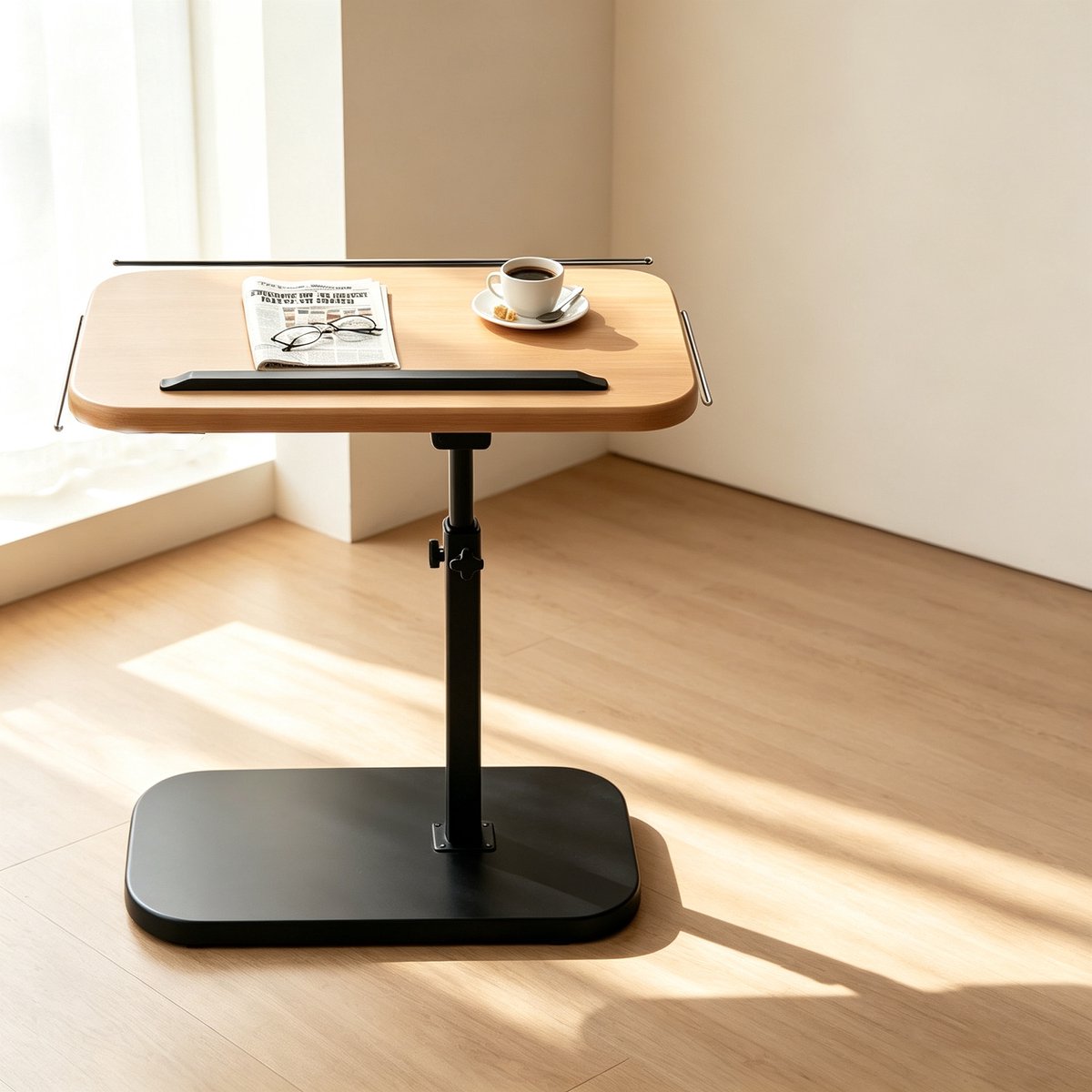 In hoogte verstelbare en opklapbare bijzettafel geschikt voor de woonkamer als salontafel kleine tafel of verplaatsbaar nachtkastje Natuurlijke houtkleur met zwart frame