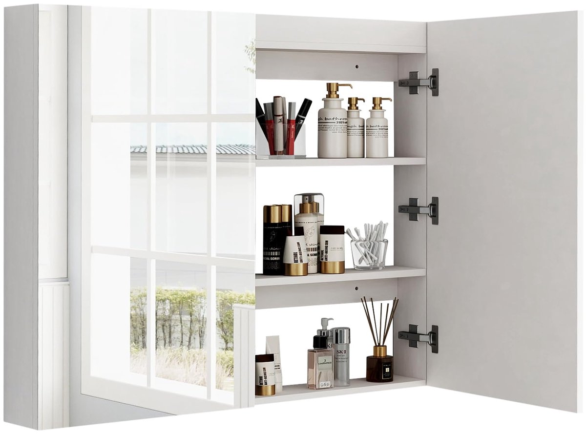 SnelShoppen - Badkamer Spiegelkasten 90x80x13cm Extra Grote Dubbele Spiegel Deur Wandmontage Kast Geneeskunde Opbergkast Wit voor Badkamer en Toilet