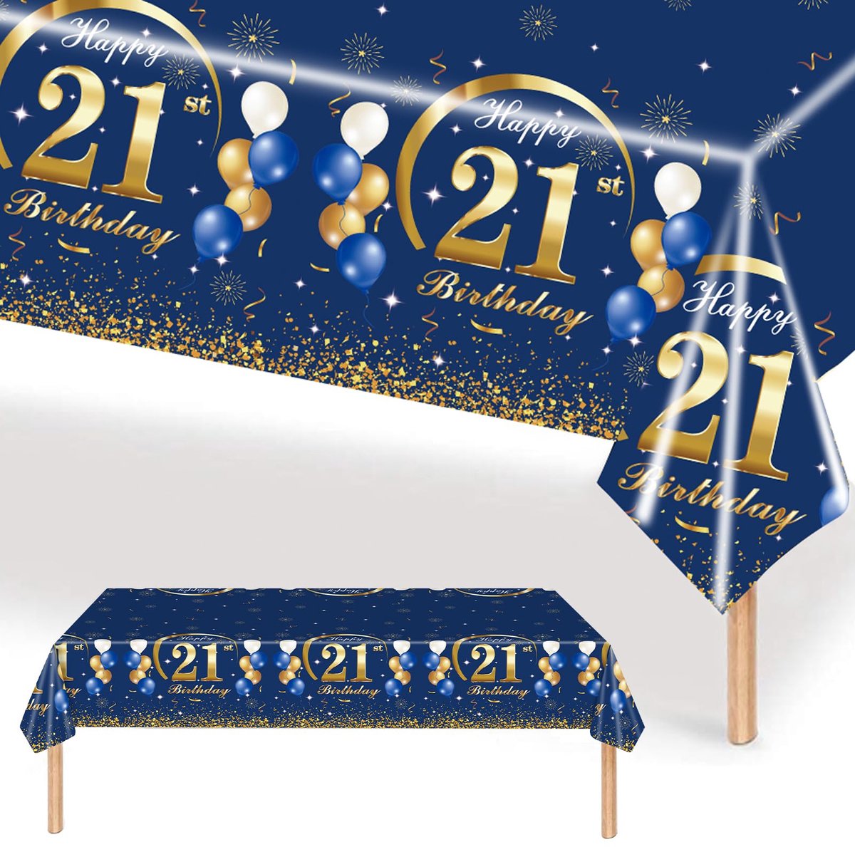 Dailygoods - Verjaardagstafelkleed voor 21 Jaar, Marineblauw en Goud