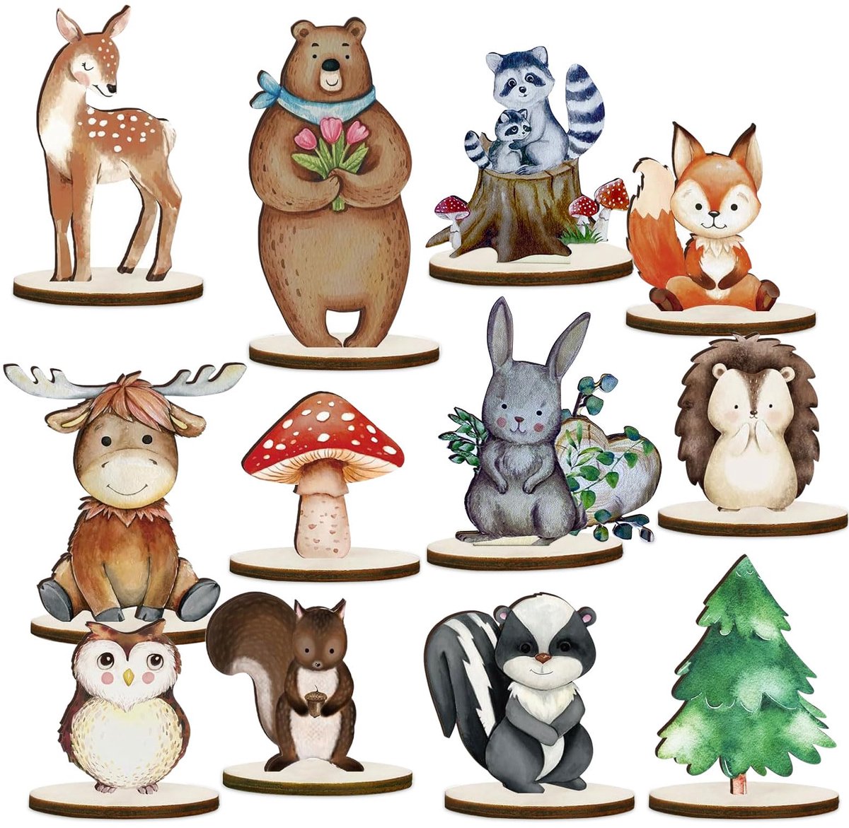 Dailygoods- Bosdieren Decoratie 12 Stuks - Houten Ornamenten - Taartdecoratie - Tafeldecoratie - Duurzaam - Schattige Dieren - Dierenornamenten