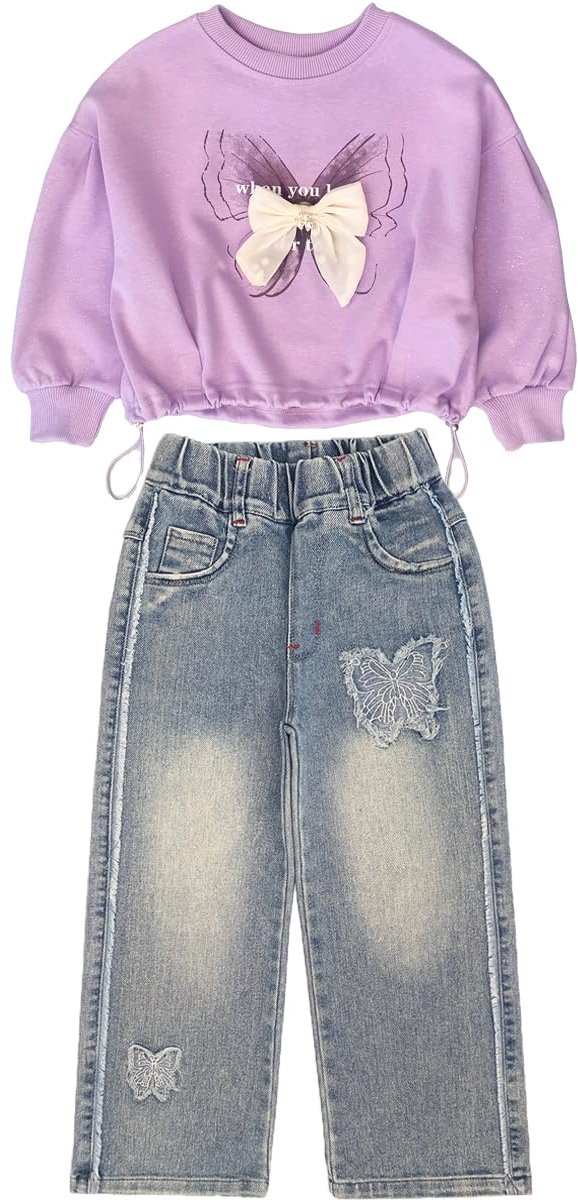SnelShoppen - T-shirt en jeans set voor meisjes 4-10 jaar, paars, 2-delige kledingset voor lente en herfst, casual outfit voor school en buitenactivit