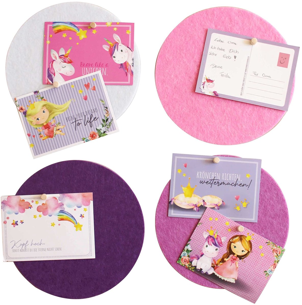 Dailygoods - Set van 4 Vilt Prikborden met Kaarten en Pins voor Kinderkamers
