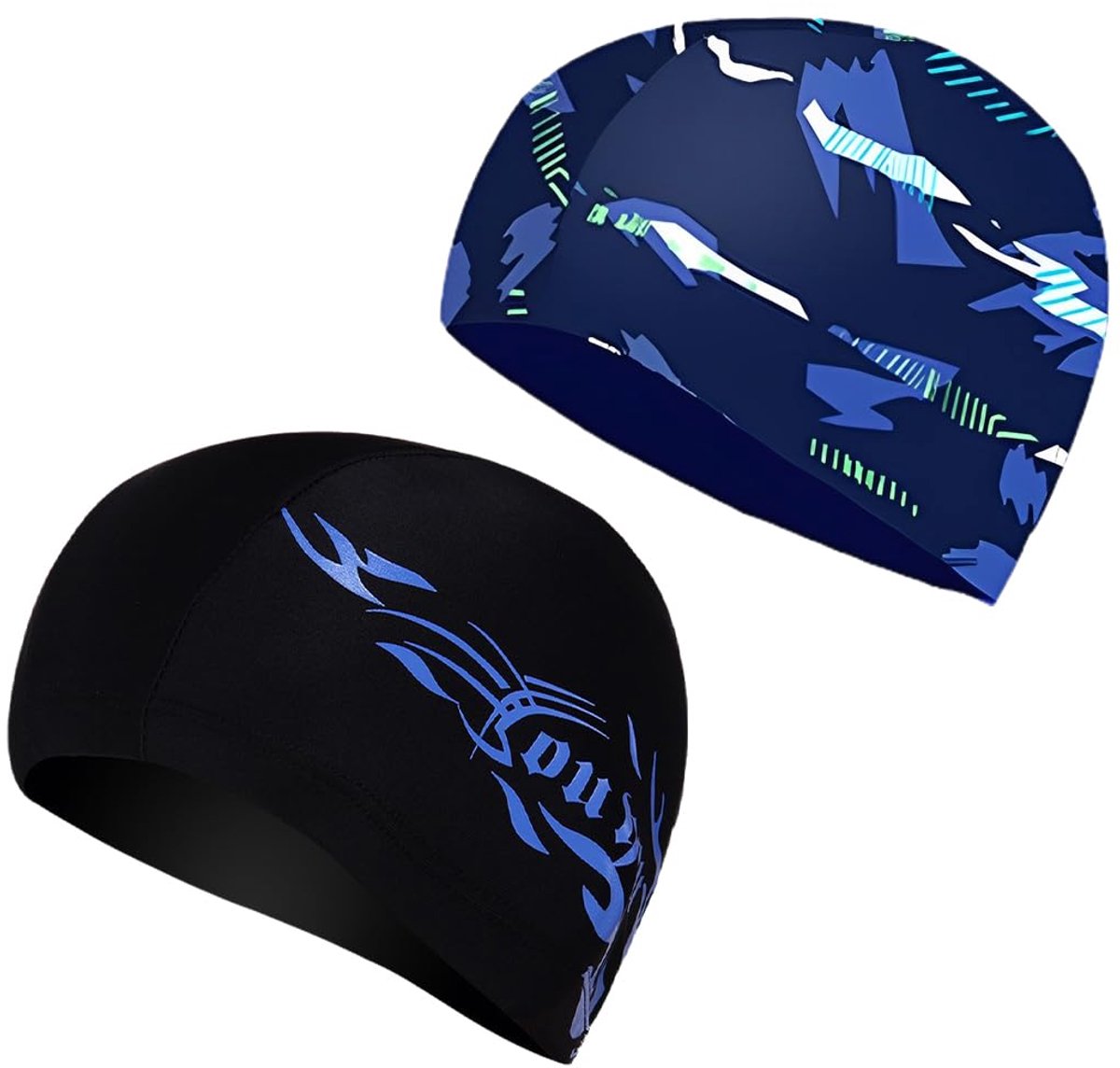 Zwemmutsen Set - Polyester Mutsen - Haar Beschermen - Uitstekende Stretch - 2 Stuks - Blauw Zwart