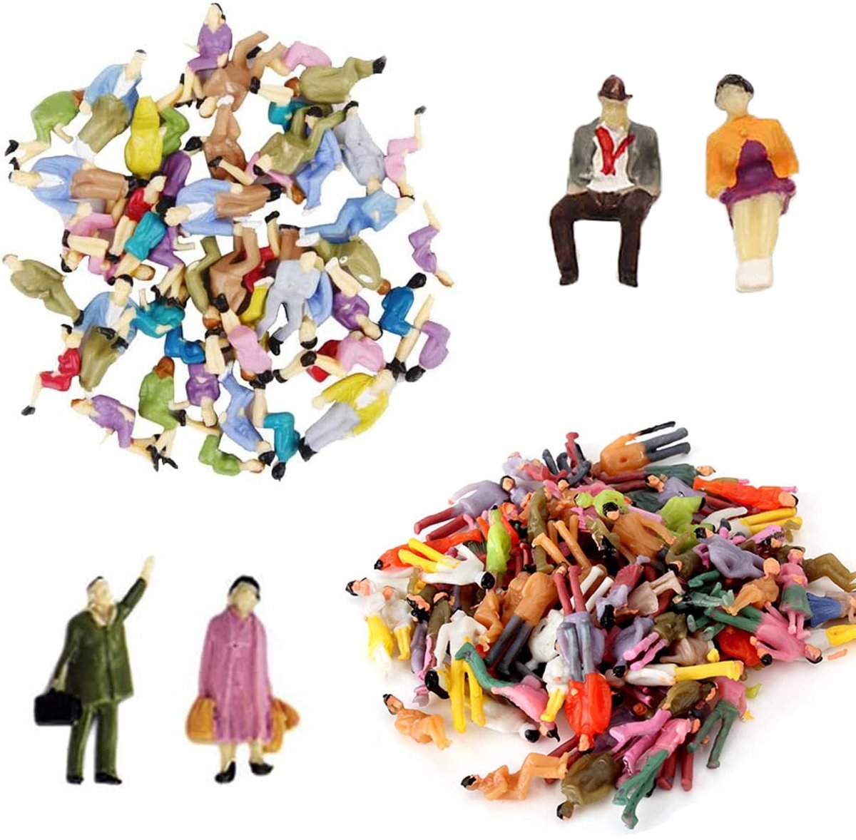 Dailygoods- Modelspoorwegfiguren 60 stuks - Beschilderde H0-figuren - Miniatuurfiguren mensen - Zittende/staande poses - Kunststof - Schaal 1:87