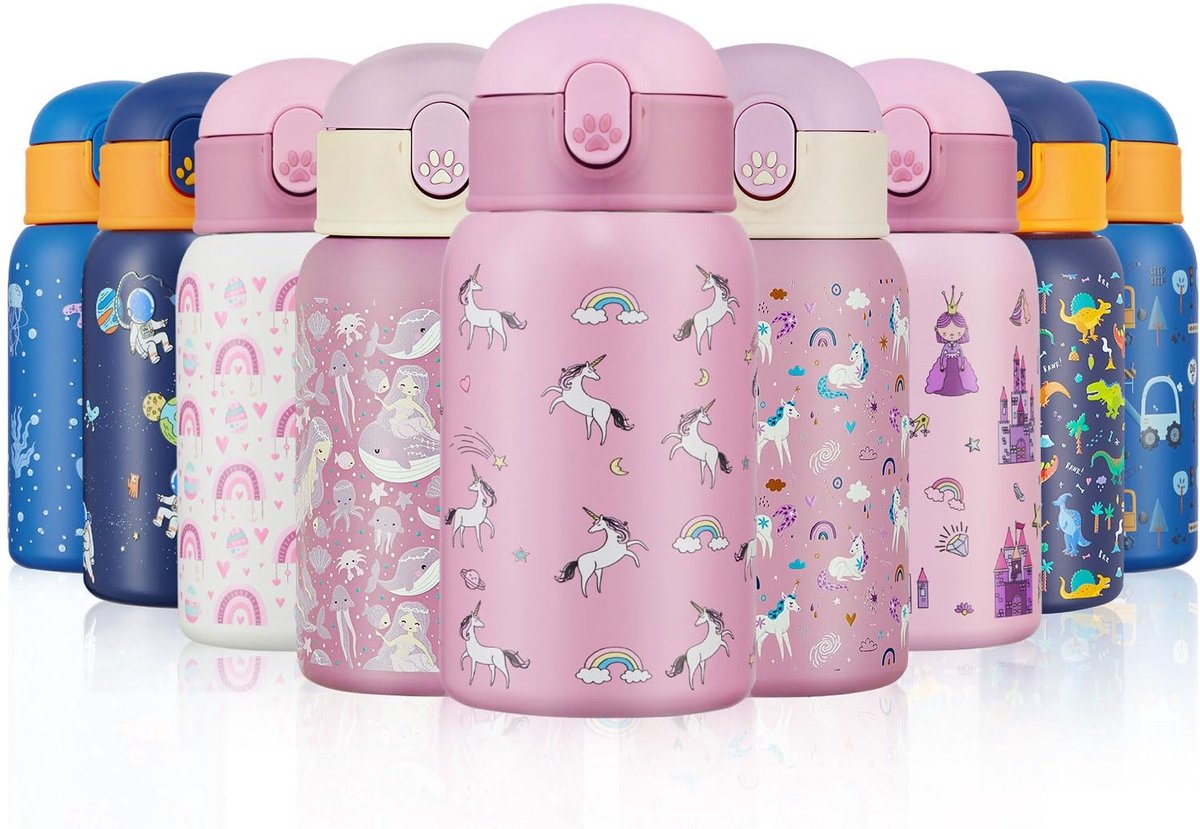 Dailygoods - Kinderen Waterfles met Rietje 400ml - Isolerende Dino Waterfles