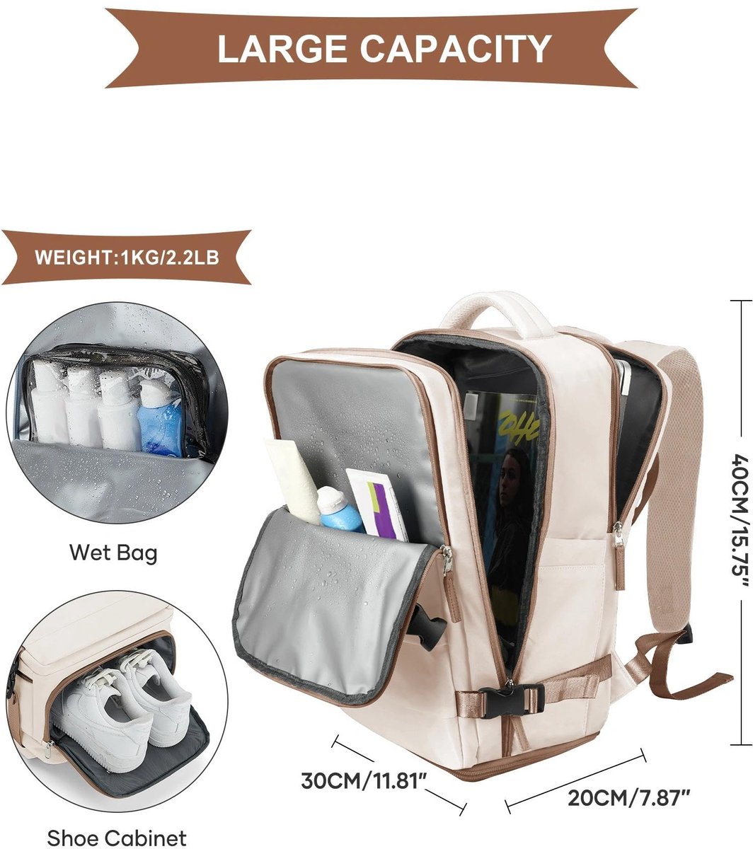 SnelShoppen - Grote Reisrugzak voor Dames en Heren, Ryanair Handbagage 40x30x20, Wizz Air Handbagage, Waterdichte Laptop Rugzak voor Zakenreizen, Week
