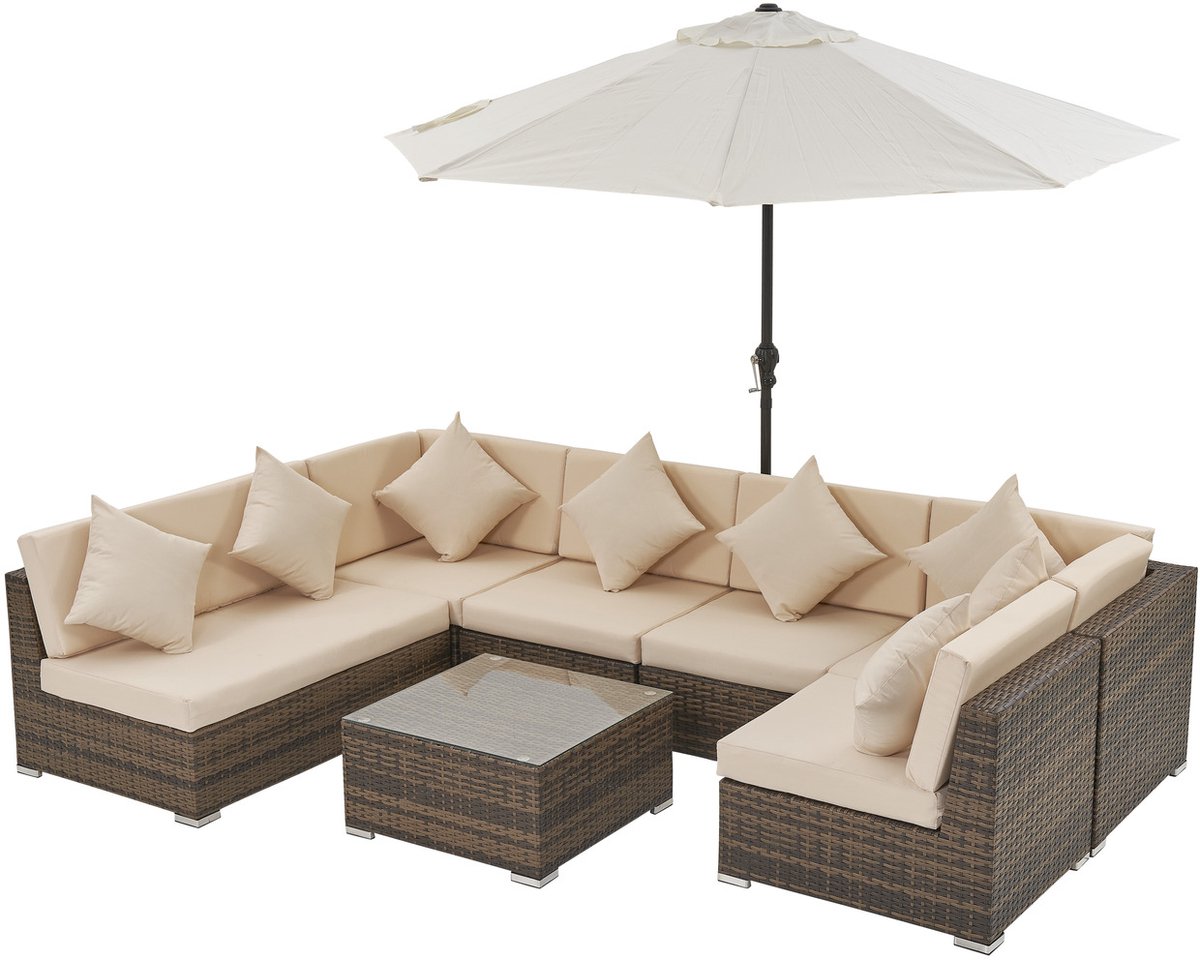 Loungeset 8-delig Bruin Wicker & Zandkleurige Kussens | incl. Parasol | Glazen Koffietafel | Aluminium Frame