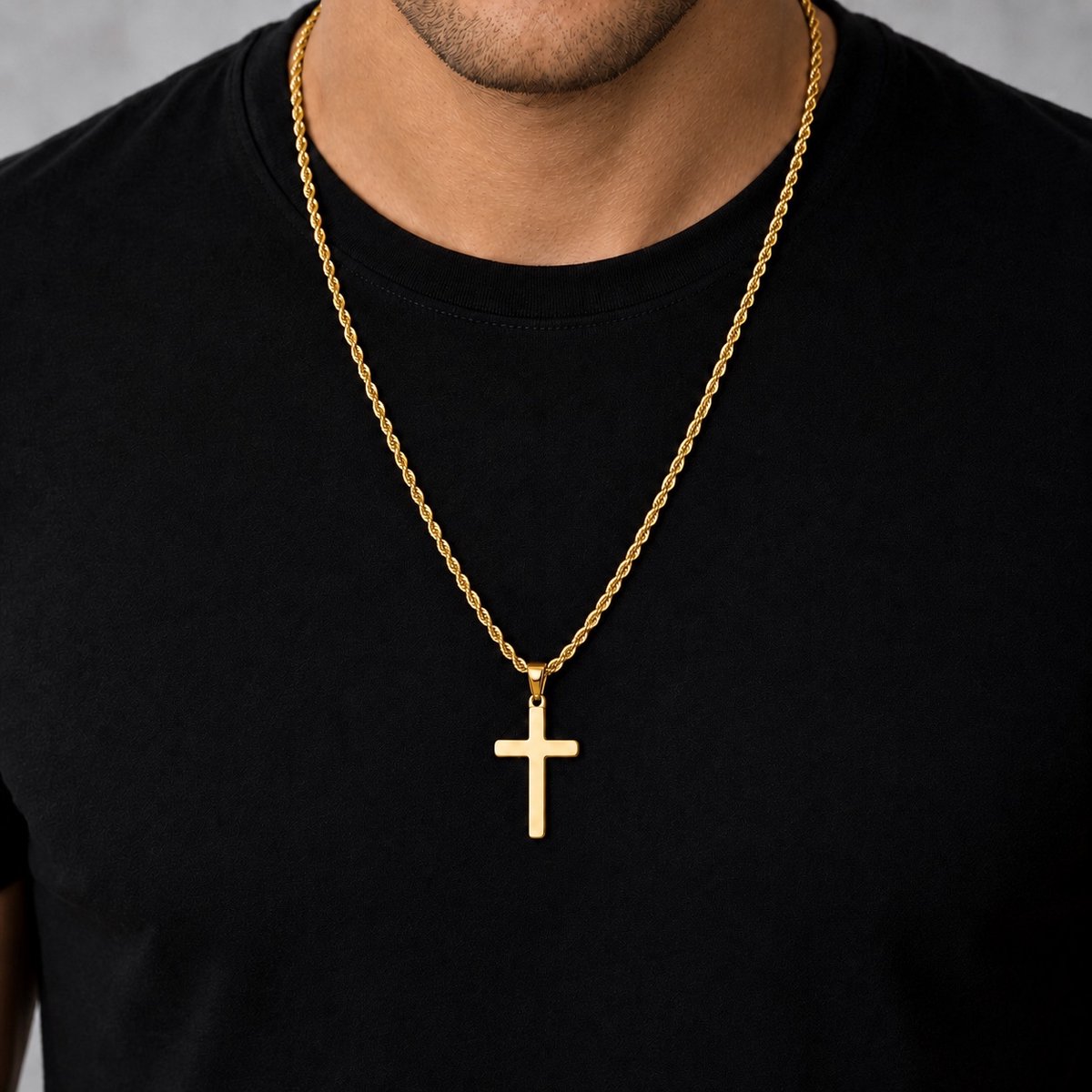 Kruis Ketting Heren - Goudkleurig - RVS Roestvrij Staal - Premium Gevlochten Touwketting - Elegant Tijdloos Design