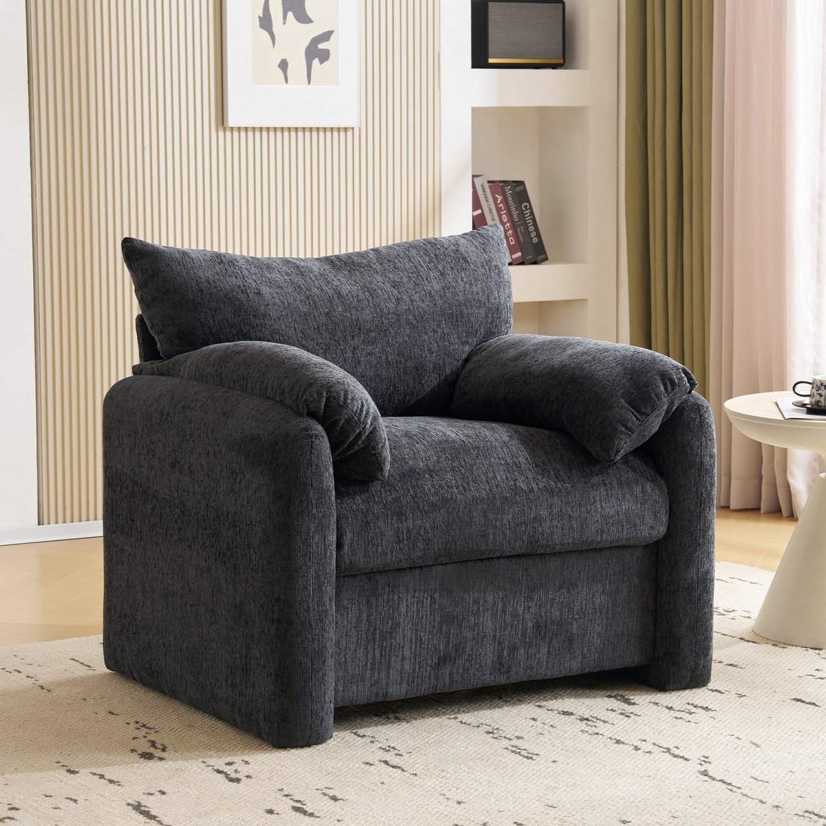 COVREO Fauteuil 96 x 82 x 84 cm – grijze chenille, brede armleuningen en hoge rugleuning