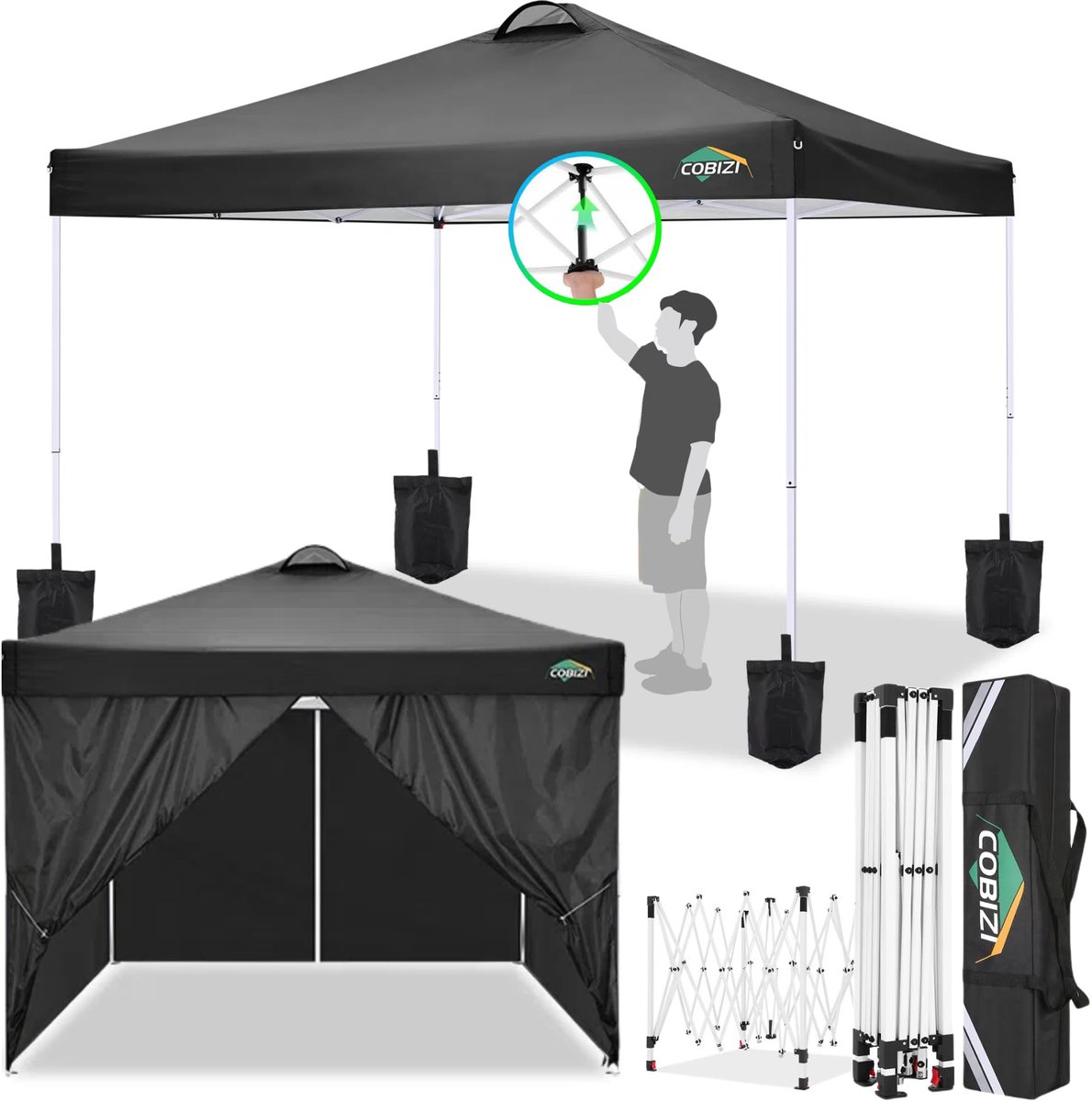 SnelShoppen - Vouwpaviljoen 3x3m, Waterdicht en Stabiel, Partytent met 4 Zijpanelen, Zandzakken, Ventilatie en UV-bescherming 50+, Winterbestendig voo