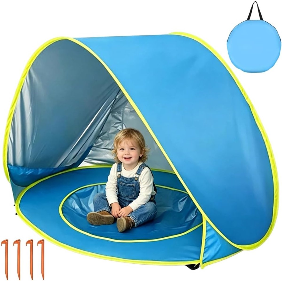 SnelShoppen - Strandtent met Kinderbadje, Opklapbare UV-Bescherming 50+, Draagtas, Perfect voor Strand, Camping en Tuin, Blauw