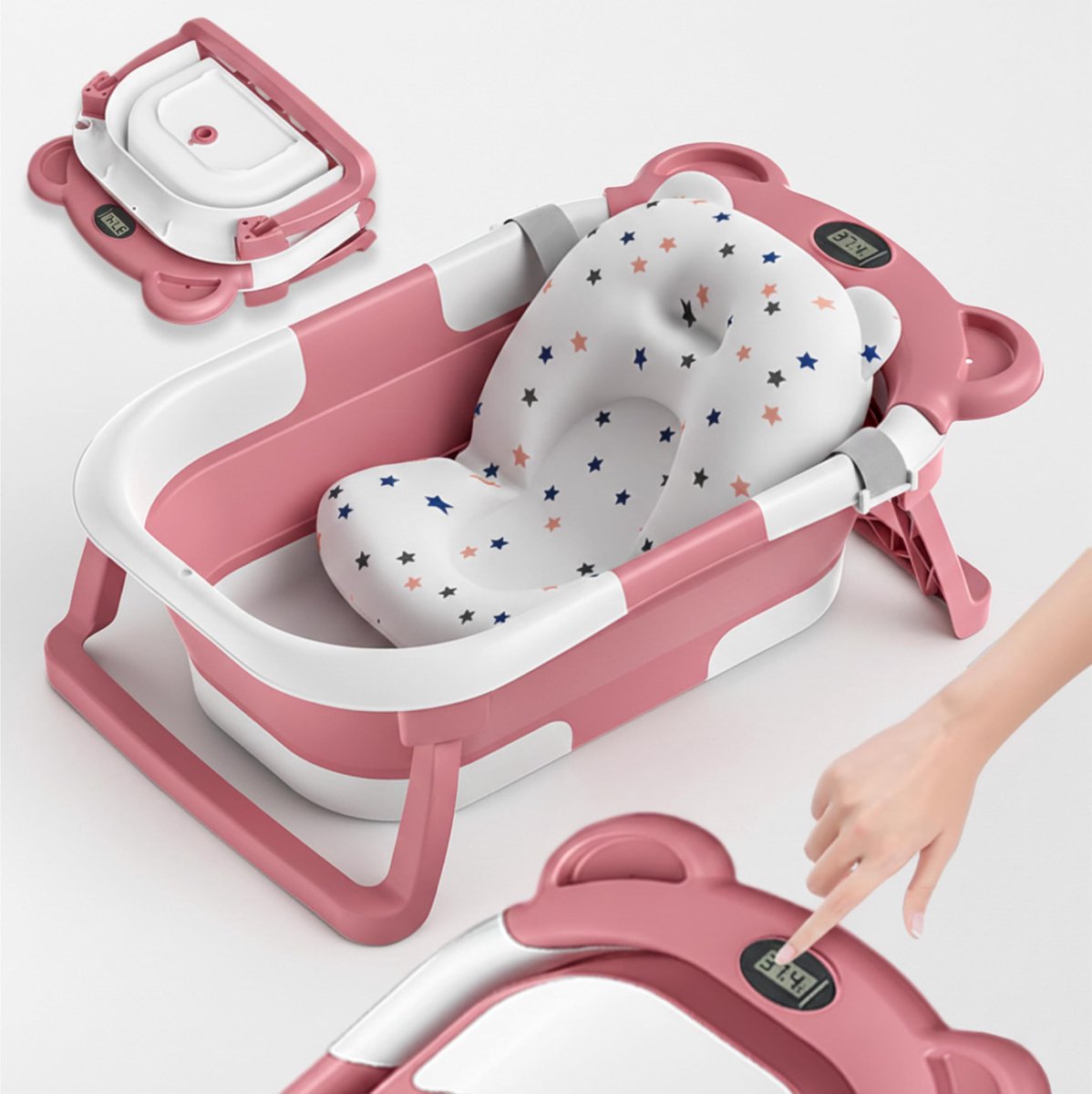 SnelShoppen - Opvouwbaar XXL Babybad met Babybadkussen, Geïntegreerde Thermometer, Kinderbad op Voet, Ideaal Babybadje voor Meisjes en Jongens, Perfec