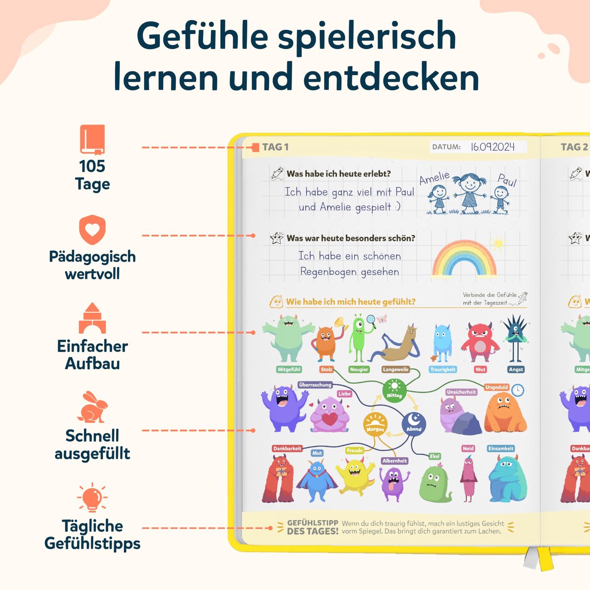SnelShoppen - Wunderkind Emotiedagboek voor Kinderen 6-12 Jaar, Dagboek Gevoelens, Dankbaarheidsdagboek met 15 Spelletjes en Stickers, Voor Meisjes en