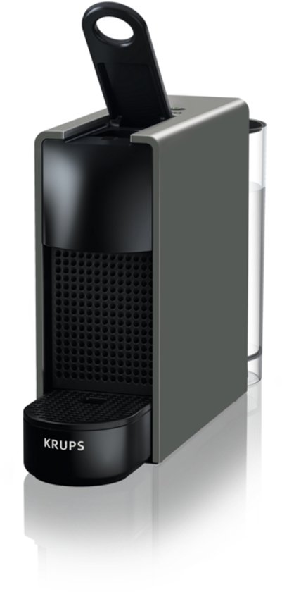 Grijze Krups Nespresso Essenza Mini koffiecupmachine met een zwarte bedieningshendel en waterreservoir.