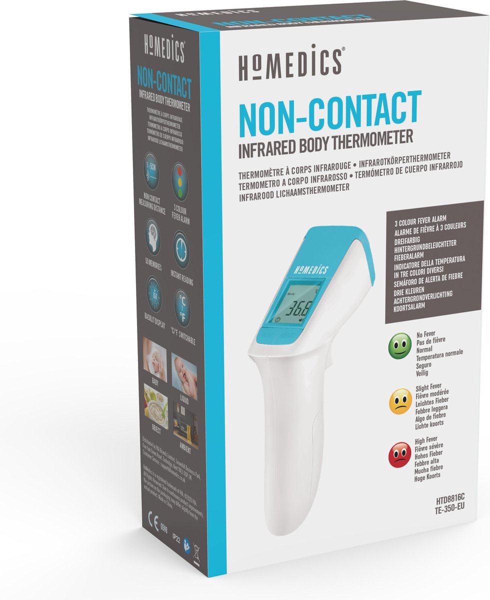 Bol.com HoMedics TE350 Infrarood Thermometer Voorhoofd - Met koortsalarm - Thermometerpistool - Koortsthermometer - 50 Geheugens... aanbieding