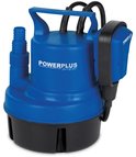 Blauwe Powerplus dompelpomp met zwarte basis, kabel en een blauwe vlotterschakelaar.