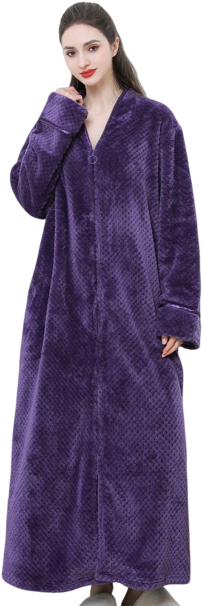 SnelShoppen - Lange badjas met capuchon en ritssluiting voor dames, winterwarme enkellange pyjama, effen paars, medium, perfect voor thuis, relaxen en