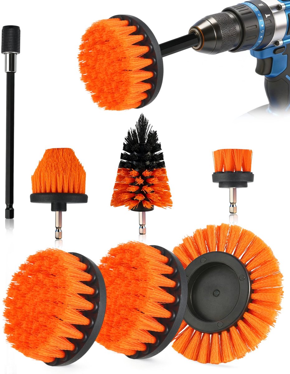 SnelShoppen - Bortelopzetstuk Accuschroevendraaier 7 Set – Tapijtborstel, Reinigingsborstel, Boorborstelset 15 cm Verlenging voor Auto, Bad, Keuken, P