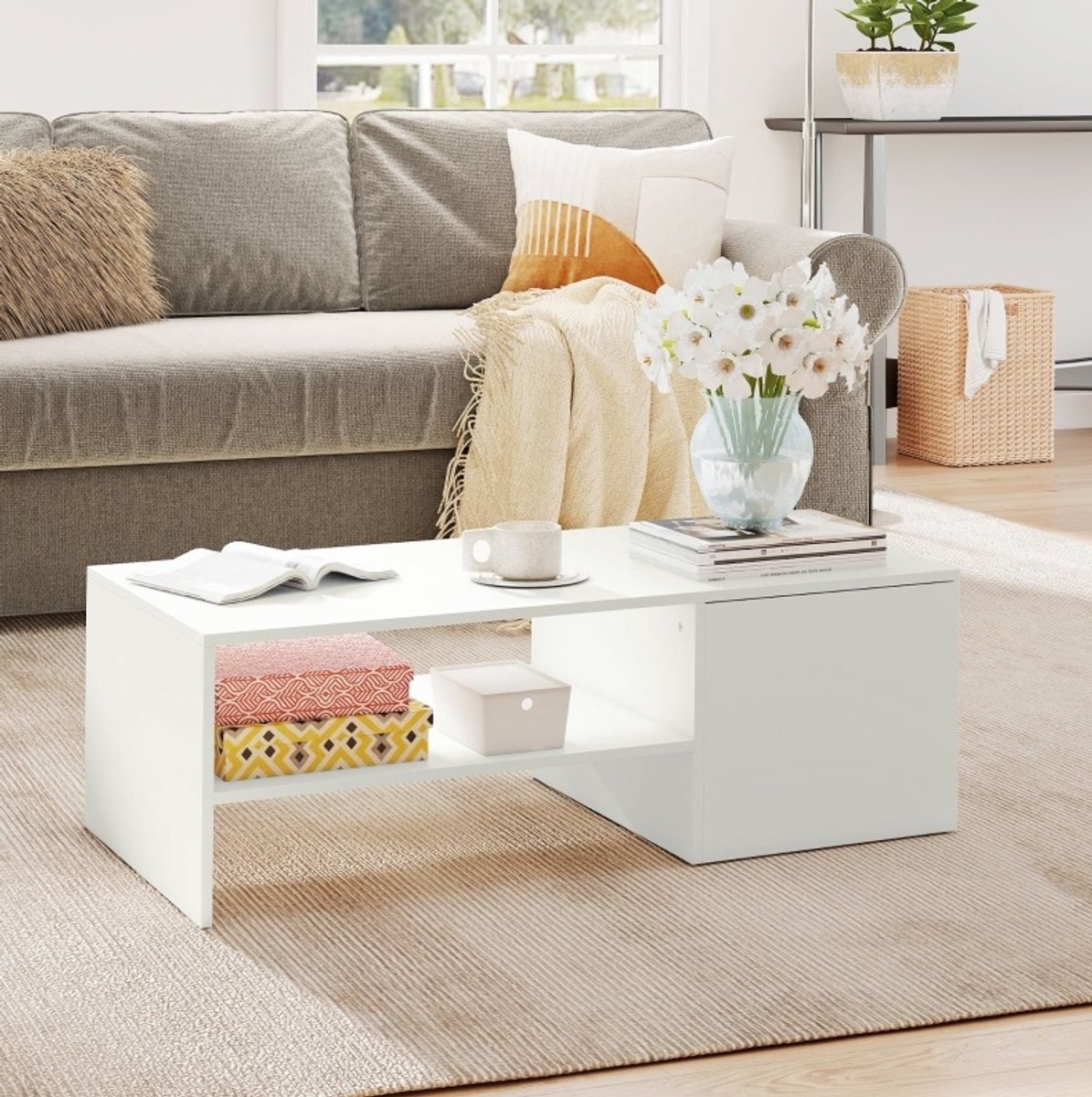 Verstelbare Salontafel Met Glijmechanisme En Opbergruimte Voor Woonkamer Wit Spaanplaat 110 X 52 X 36 Cm