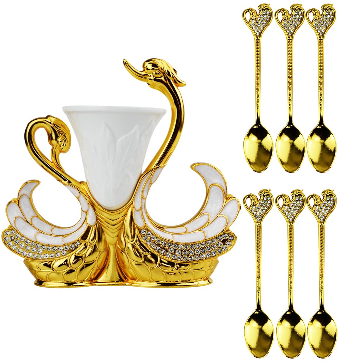 Dailygoods - 6-Delige Dessertlepel Set met Zwanenhouder - Theelepels voor Koffie en IJs