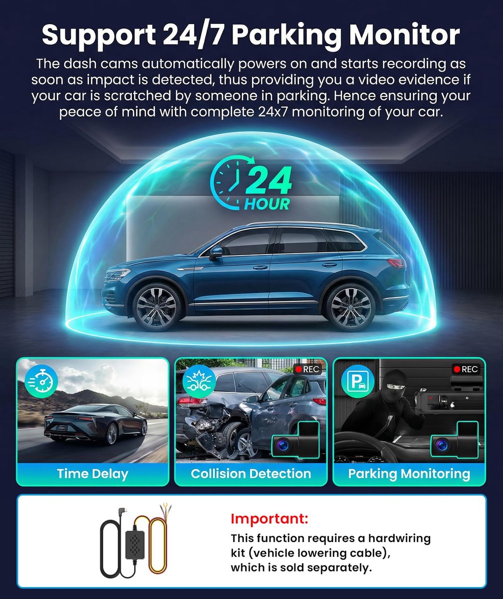 SnelShoppen - Dashcam Auto 2K + 1080p Met 360 Graden Bescherming, Ultranachtzicht, 5 GHz Wifi App-besturing, GPS, WDR, G-sensor, Loop-opname, Max. 256