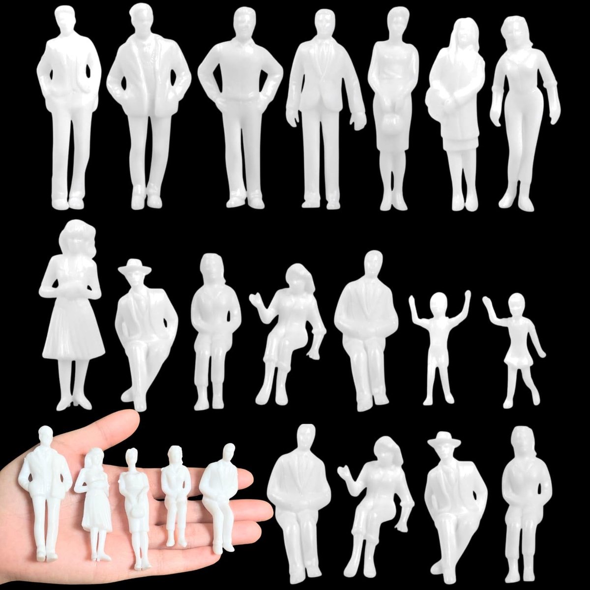 Dailygoods- Miniatuurmensen 20 Stuks - Ongeverfde Modelfiguren - Schaal 1:25/Spoor H0 - Levensechte Details - Voor Architectuurmodellen - Veelzijdige Toepassingsmogelijkheden - Modelbouwfiguren