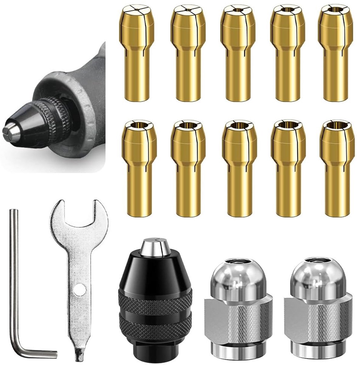 Dailygoods- Spantangenset 10-delig - Messing Boorkop - Multi-spanhouder - Spanmoeren - Moersleutels - Inbussleutel