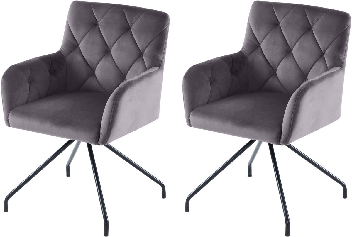 Eetkamerstoelen - Velvet Stoelen - Loungestoel - Woonkamerstoel - Ruitpatroon - Metalen Poten - Lendensteun - Gestoffeerd - Eetkamer - Set Van 2 - Grijs