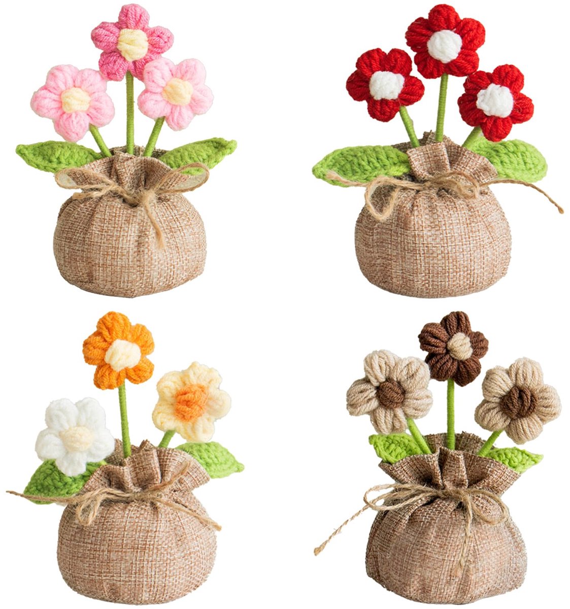 Dailygoods - 4 Stuks Gehaakte Bloemen Geluksbrengers - Kleine Gebreide Bloemen in Pot