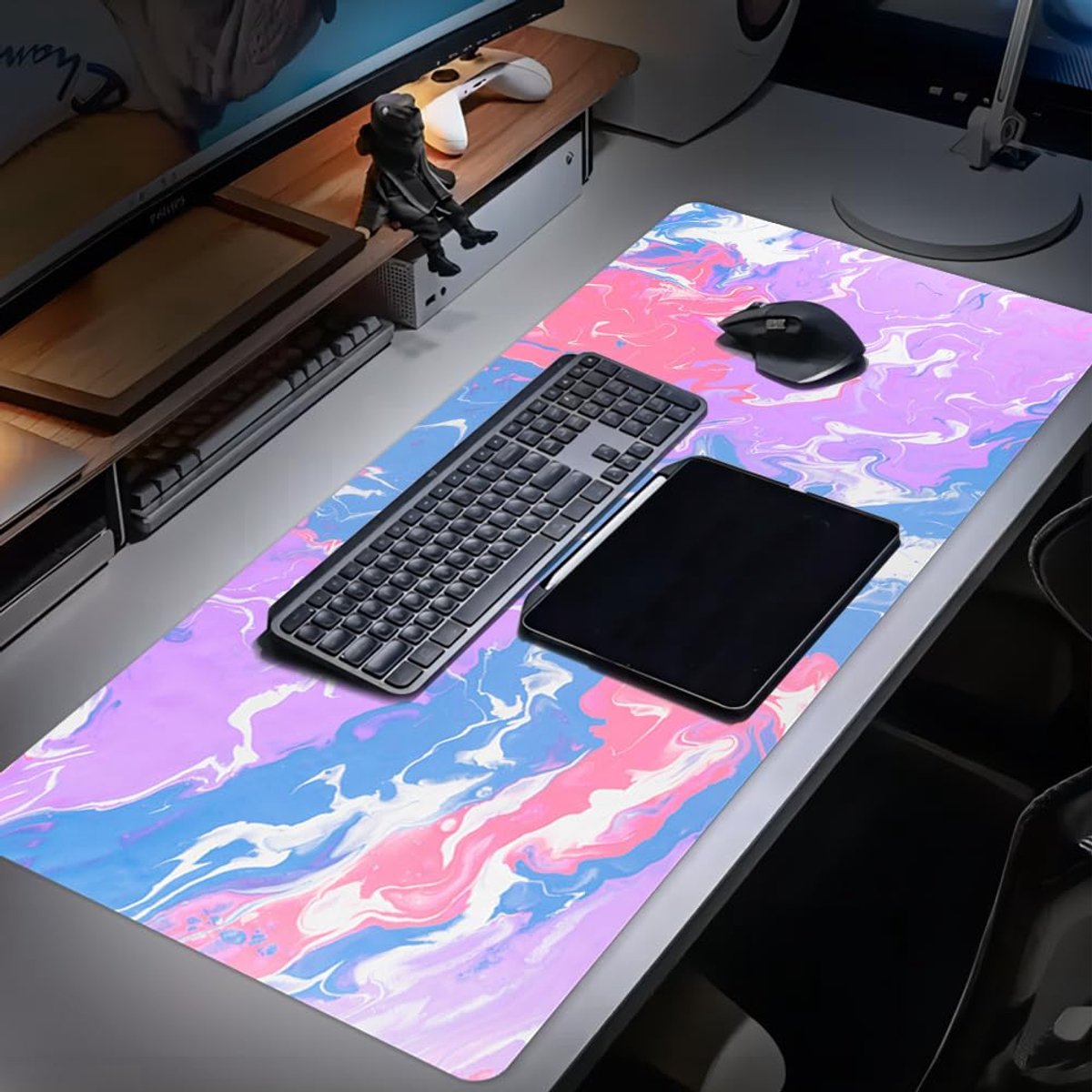 Dailygoods - XXL Gaming Bureauonderlegger en Muismat - Waterdicht en Antislip (80 x 30 cm, Poederblauw)