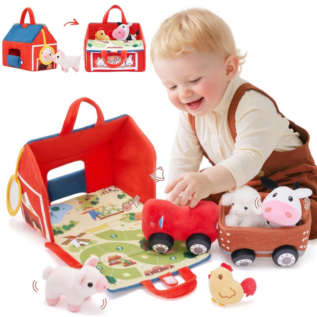 Dailygoods - 6-in-1 Boerderij Speelgoed voor Baby's - Schattige Gevulde Dieren met Draagtas