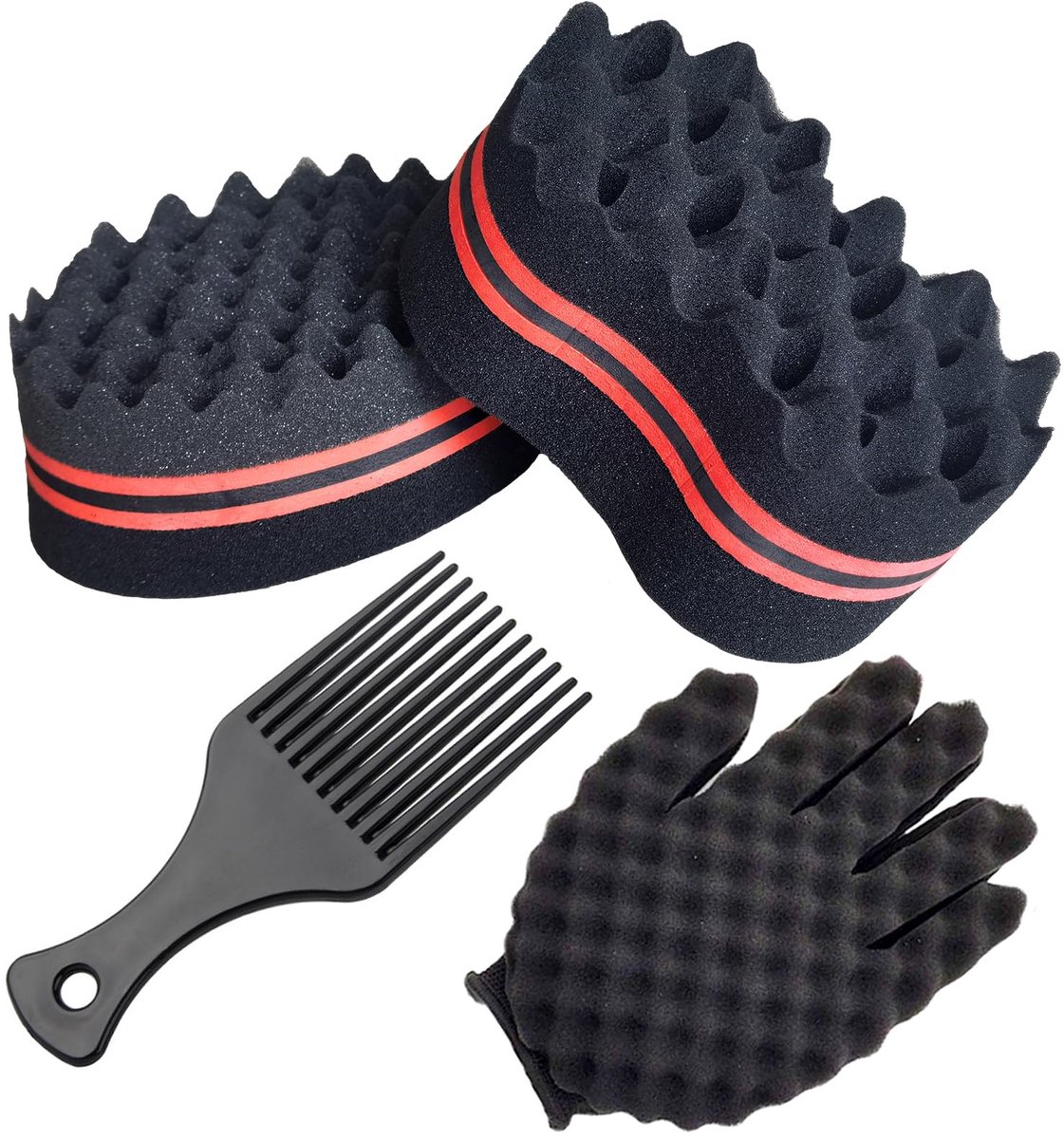 Dailygoods- Haarspons Set van 4 - Dubbelzijdige Krulspons - Afro Haar Spons - Magic Twist Coils - Lichtgewicht en Duurzaam - 14,3x6cm en 14,5x5,3cm