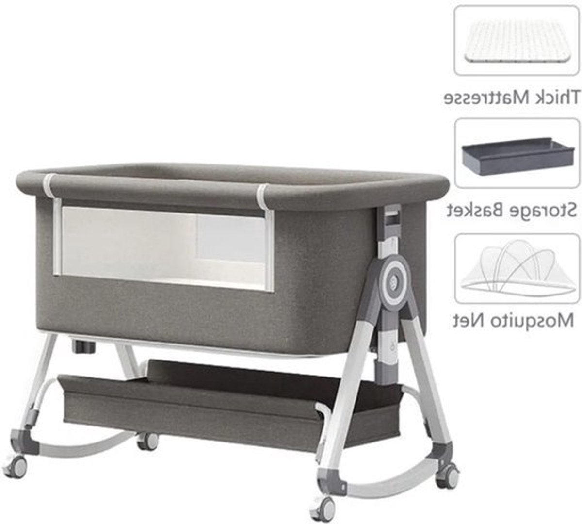 Elektrisch Babybed - Babybed - Babybedje - Wieg - Ledikant - Schommelbed - Verstelbare Hoogte - met Muskietennet - Afstandsbediening - Unisex - Grijs