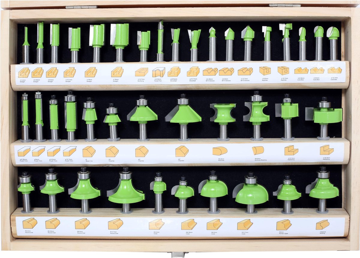 SnelShoppen - 40-delige Freesset voor Bovenfrees, Houtfrees met 8 mm Schacht, Wolfraamcarbide Hardmetalen Frezen voor Houtbewerking, Perfect voor Hobb