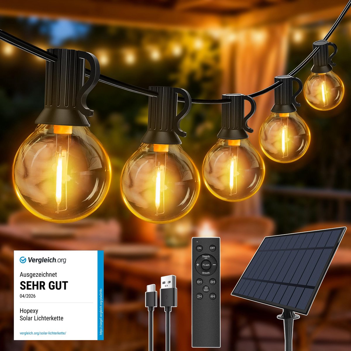SnelShoppen - Lichtsnoer voor buiten op zonne-energie 10 m met 16 + 1 LED lampen, IP65 waterdicht, afstandsbediening, 3 verlichtingsmodi en timerfunct