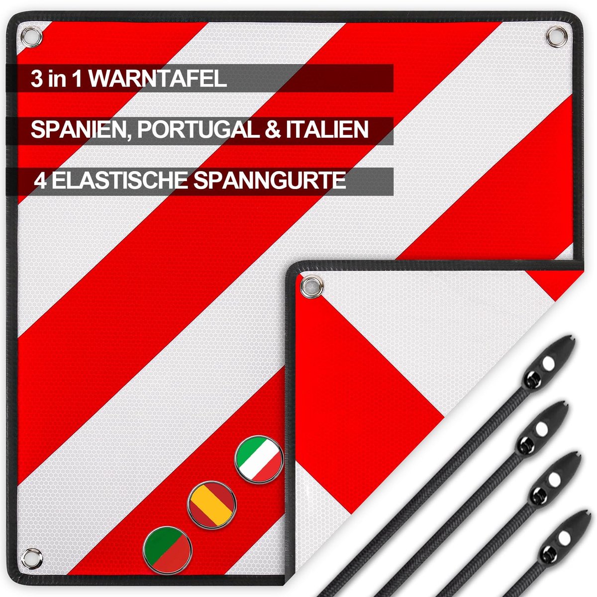 SnelShoppen - Waarschuwingsbord Fietsendrager Camper Caravan 3-in-1 Aluminium Rood Wit Reflecterend 50x50cm met 4 Spankabels voor Italië Spanje Portug