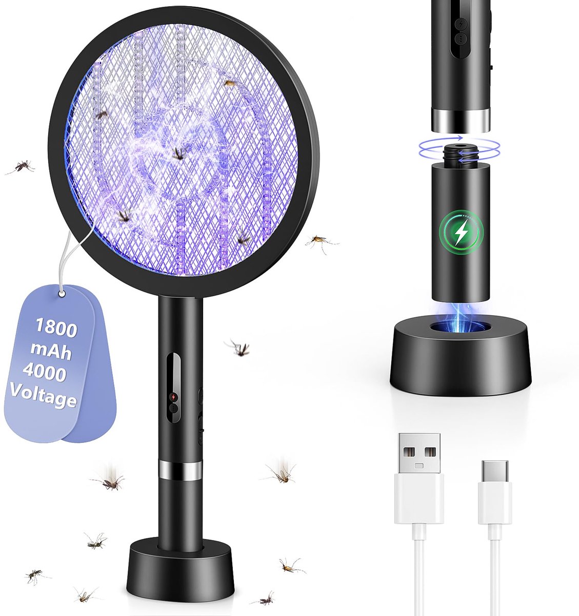 SnelShoppen - BKXCHA 4000V Elektrische Vliegenmepper 2in1 - 1800 mAh Insectenracket met 3 Lagen Gaas - USB Oplaadbaar Muggenracket - Ideaal voor Tuin,