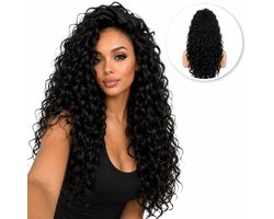 SassyGoods Luxe Zwarte Pruik Krullen - Wig - Pruiken Dames Lang Haar - Haarstuk - Krul Haar - Zwart - 65 cm