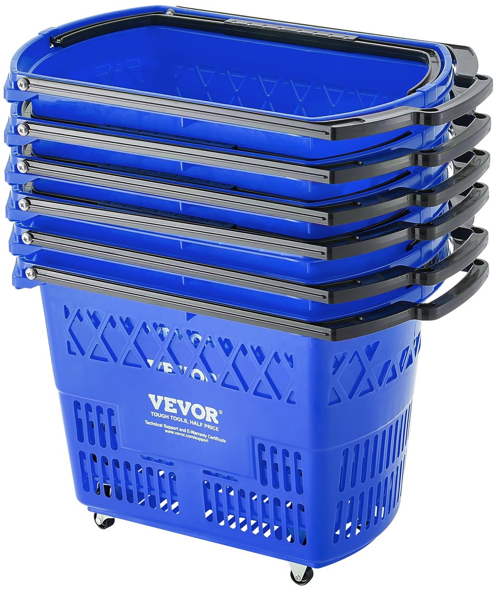 SnelShoppen - 6 Stuks Winkelmanden 39L met Wielen en Handgrepen - Grote Draagbare Boodschappenmanden voor Supermarkten en Winkels - Blauw Plastic Roll