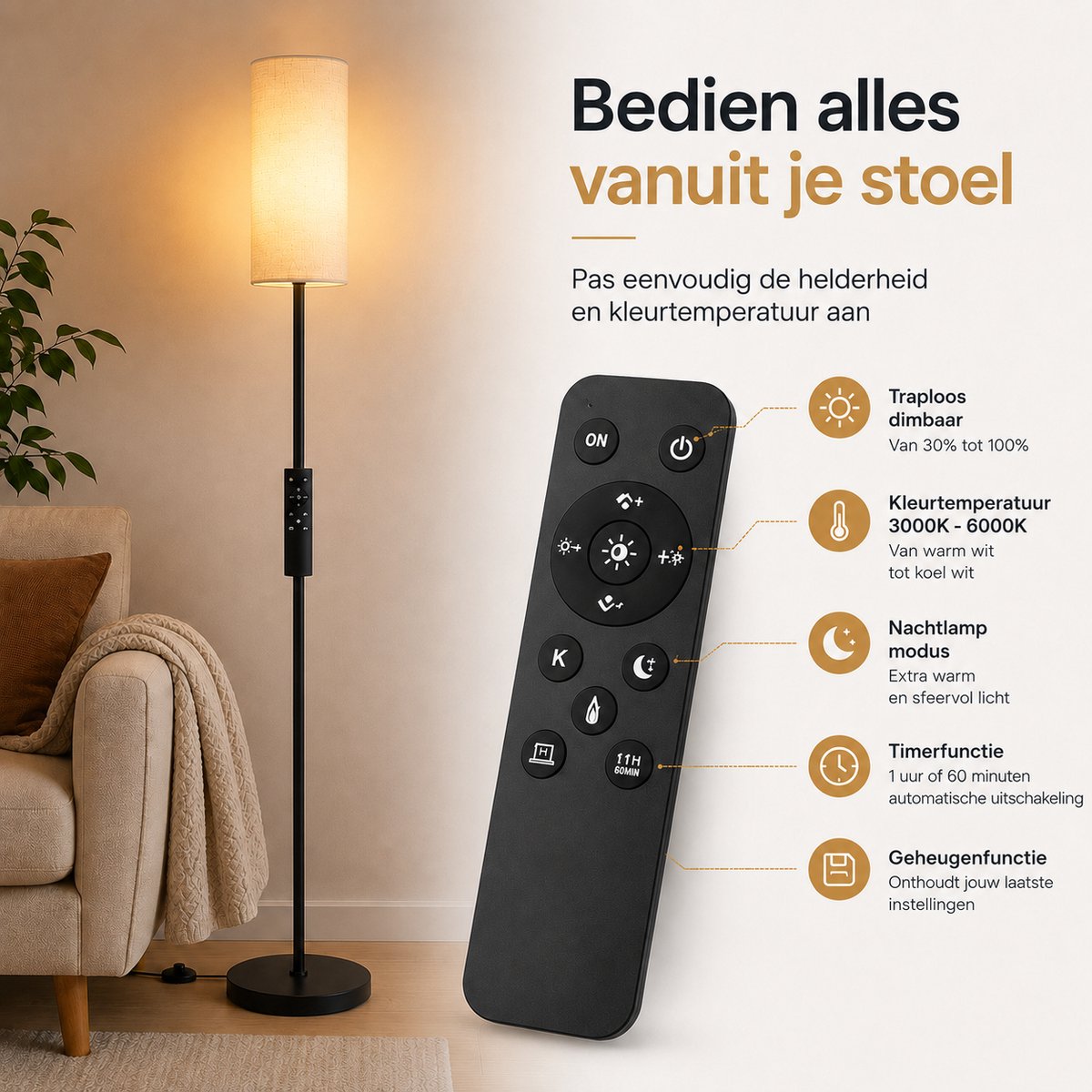 Vloerlamp - Staande Lamp - Helderheid & Lichtkleur Verstelbaar - Met Afstandsbediening - Leeslamp - Staanlamp - Staande Lampen Woonkamer - Stalamp - Smartlamp - Booglamp - Linnen Kap thumbnail 6