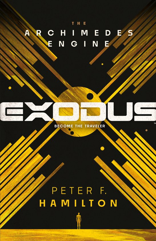 Boekomslag: 'Exodus The Archimedes Engine' door Peter F. Hamilton. Goudkleurige lijnen op zwarte achtergrond. Kleine figuur onderaan.