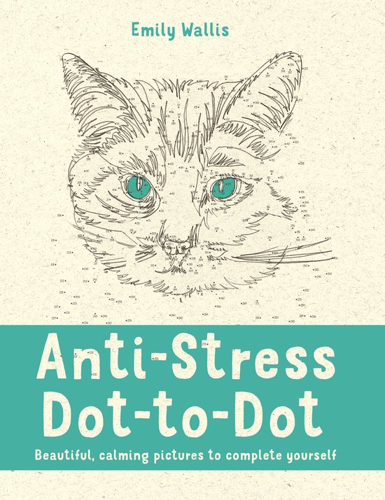 Un livre de puzzles 'anti-stress point à point' avec la tête d'un chat dessinée avec des numéros et des lignes. Titre en lettres audacieuses.