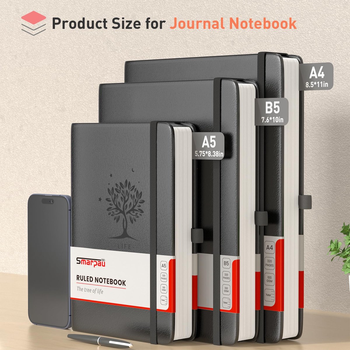 SnelShoppen - Notitieboek A4 Hardcover Leren Dagboek met 320 pagina's 100 g/m² Papier, Zwart voor Werk, Schrijven, Notities Maken, Studeren, Reizen, 2