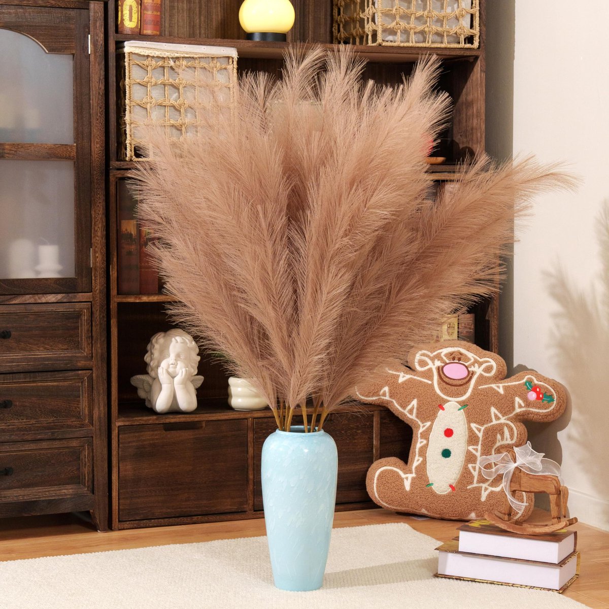 SnelShoppen - Pampasgras decor grote pluizige 110 cm lange veren 8 stuks kaki voor bruiloft arrangement boho woonkamer styling