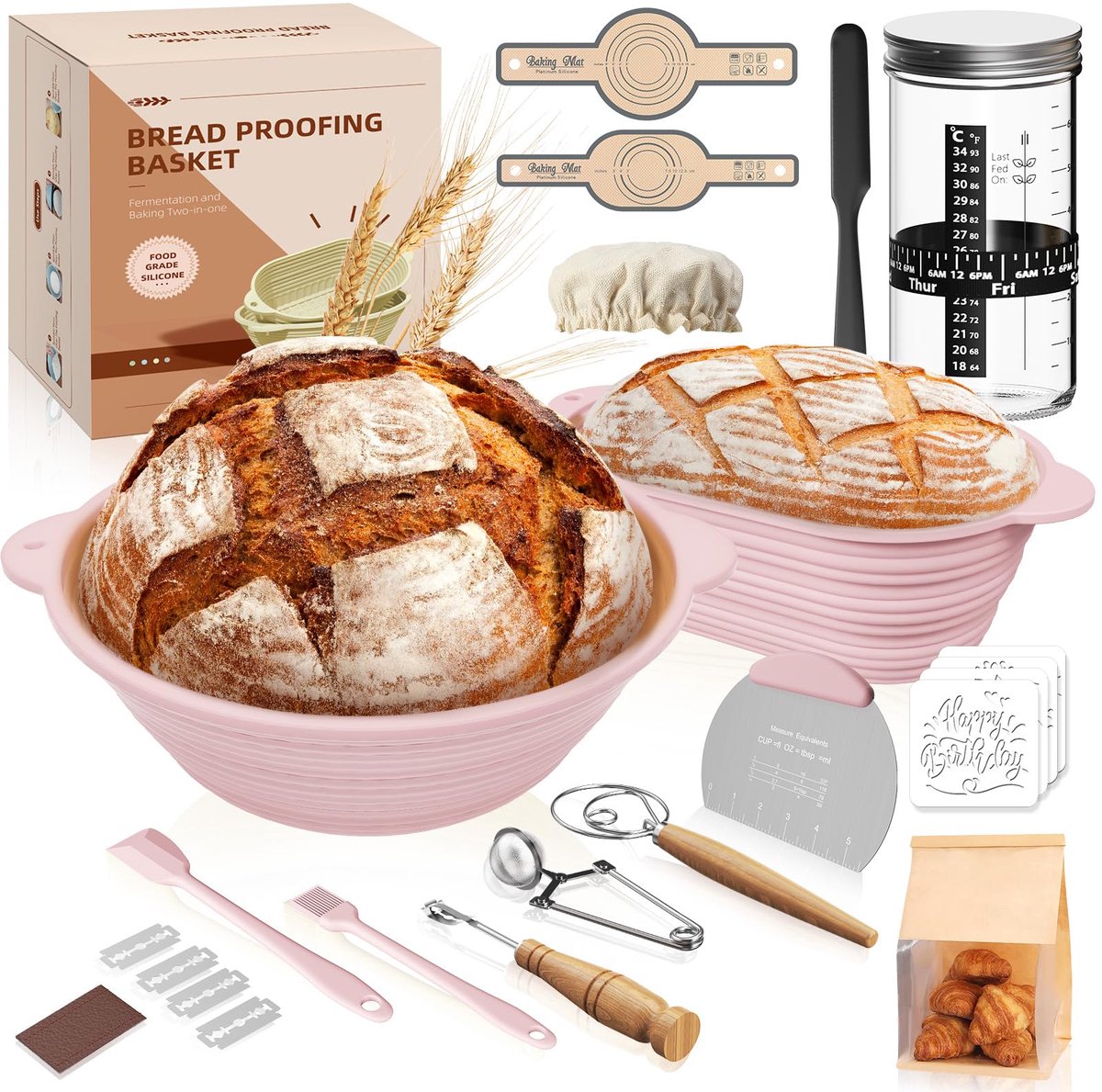 SnelShoppen - 12-delige Zuurdesem Starter Set met Opvouwbare Silicone Rijsmandjes (29 cm Ovaal & 28 cm Rond), 730 ml Zuurdesem Glas, Compleet Broodbak
