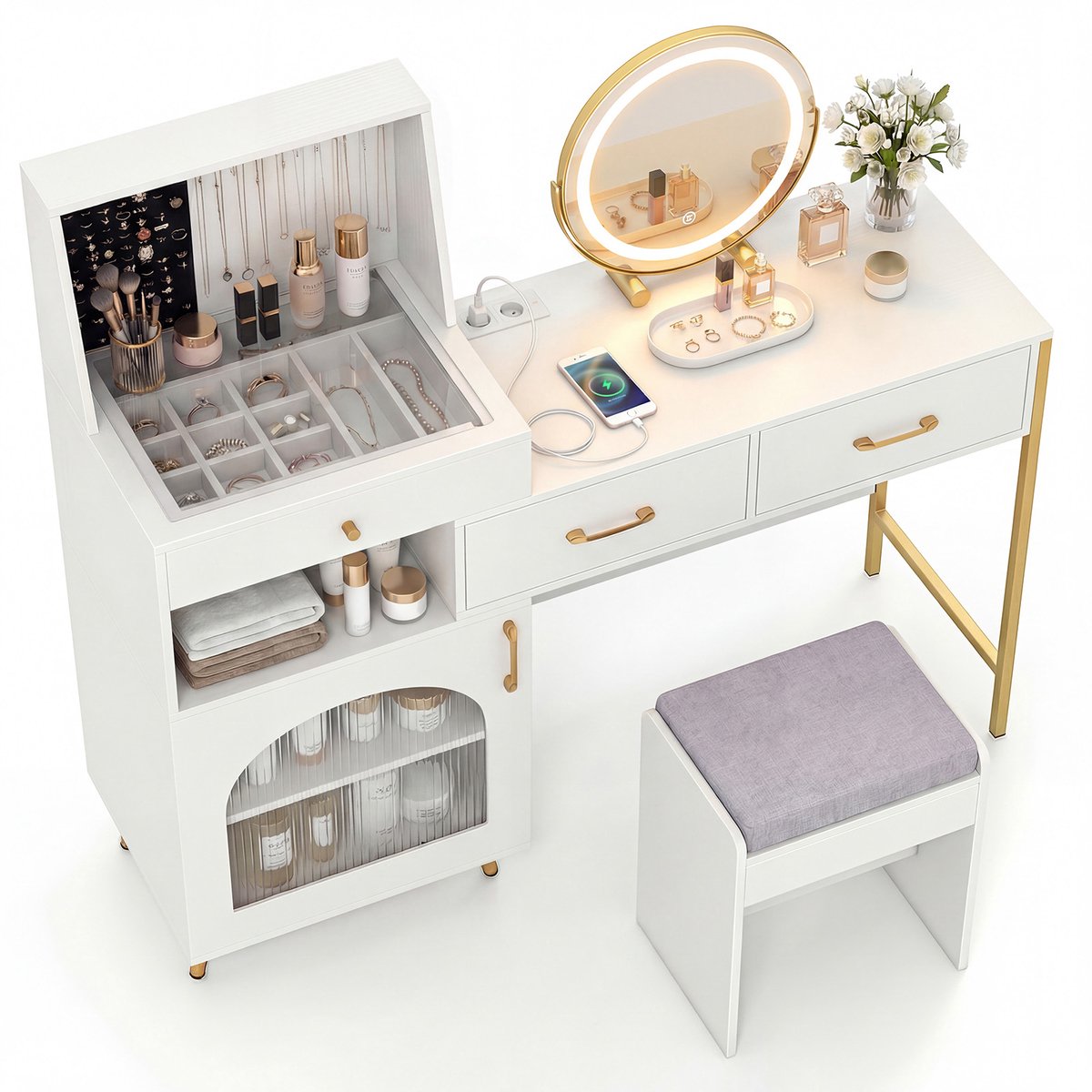 COSTWAY Make-uptafel met LED-spiegel en kruk, Cosmetica-tafel met stopcontacten & laden, Kaptafel inclusief glazen tafelblad, 120 ringhouders & 10 kettinghaken, 136 x 43 x 127,5 cm