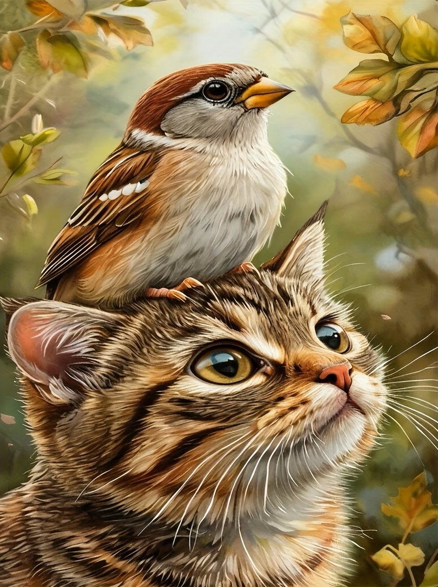 50x40cm Diamond Painting kat en vogel (vierkant) nr 54