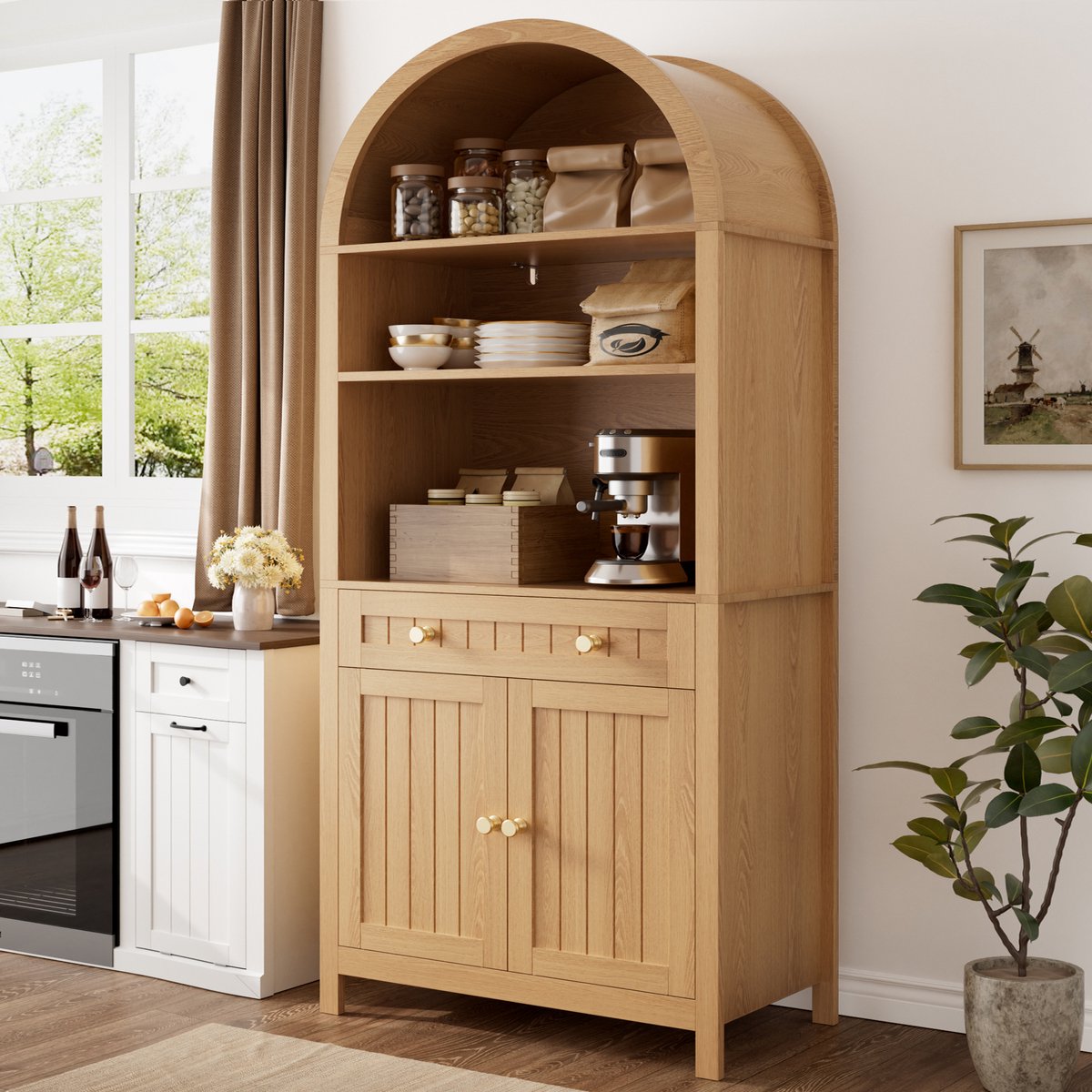 OKWISH Keukenkast - Hoge Kast Met Bogenfront - 76 x 40 x 180 cm - Open Vakken, Lade en Dubbele Deuren Met Kruidenrekken - MDF Naturel