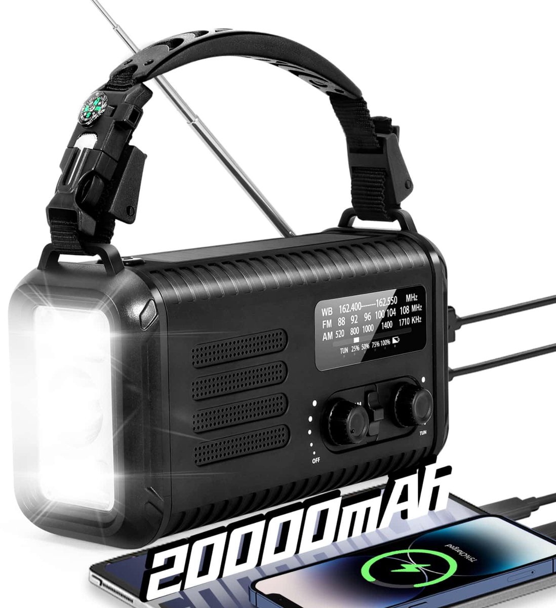 SnelShoppen - Emergency Crank Radio 20000mAh Zonne-Handzwengel Weerradio met NOAA/AM/FM, Mobiele Telefoonoplader, Leeslamp, Zaklamp en SOS voor Noodge
